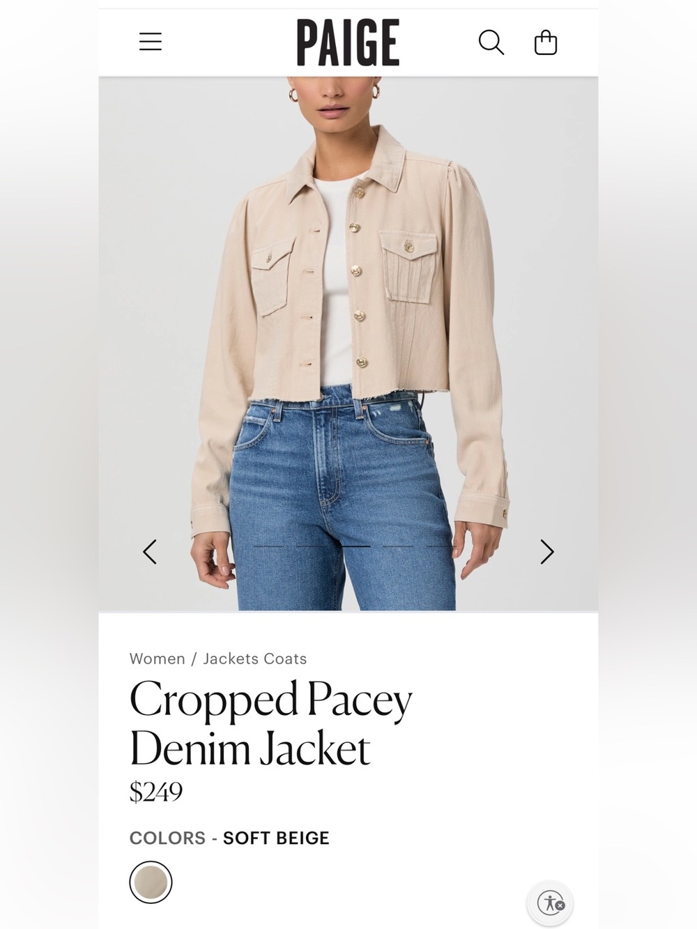 PAIGE Cropped Pacey Denim Jacket in Beige